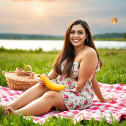 A beautiful 50-year-old woman sitting on a picnic blanket in a lush field, beside a serene lake