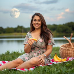 A beautiful 50-year-old woman sitting on a picnic blanket in a lush field, beside a serene lake