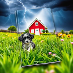 A captivating book cover designed in a 2:3 aspect ratio, showcasing a vibrant summer garden filled with lush green grass, under a dramatic lightning sky