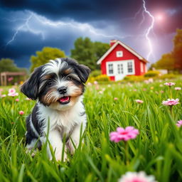 A captivating book cover designed in a 2:3 aspect ratio, showcasing a vibrant summer garden filled with lush green grass, under a dramatic lightning sky