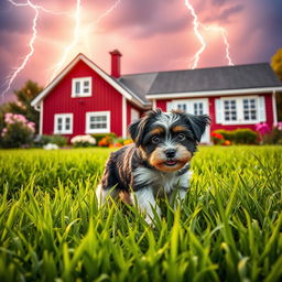 A captivating book cover designed in a 2:3 aspect ratio, showcasing a vibrant summer garden filled with lush green grass, under a dramatic lightning sky