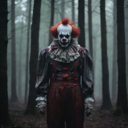 An unsettling clown with dauntingly blood-stained clothes, standing amidst the intense darkness of a dense, mysterious forest.