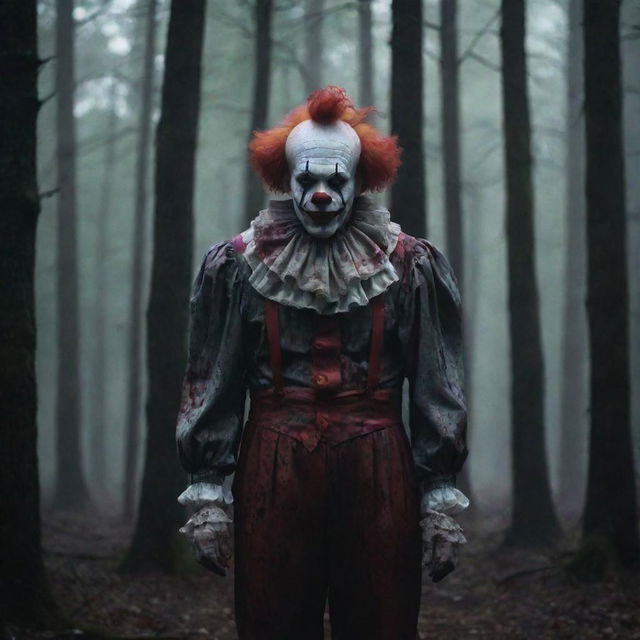 An unsettling clown with dauntingly blood-stained clothes, standing amidst the intense darkness of a dense, mysterious forest.