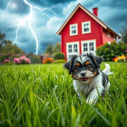 A captivating book cover designed in a 2:3 aspect ratio, showcasing a vibrant summer garden filled with lush green grass, under a dramatic lightning sky