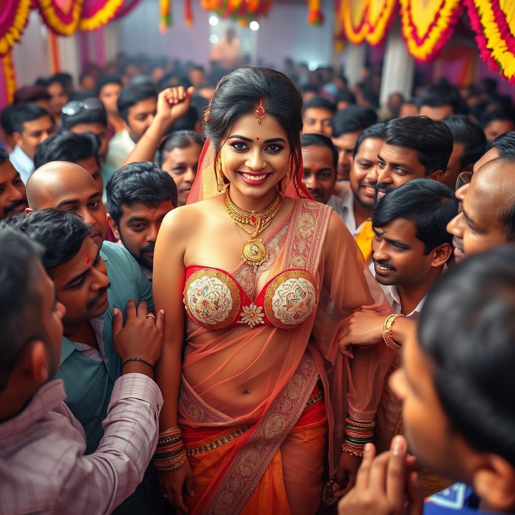 A beautiful Indian bride wearing a stunning transparent saree over a colorful bikini, emphasizing her big cleavage and sexy naval