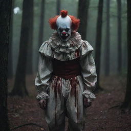 An unsettling clown with dauntingly blood-stained clothes, standing amidst the intense darkness of a dense, mysterious forest.