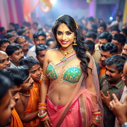 A beautiful Indian bride wearing a stunning transparent saree over a colorful bikini, highlighting her big cleavage