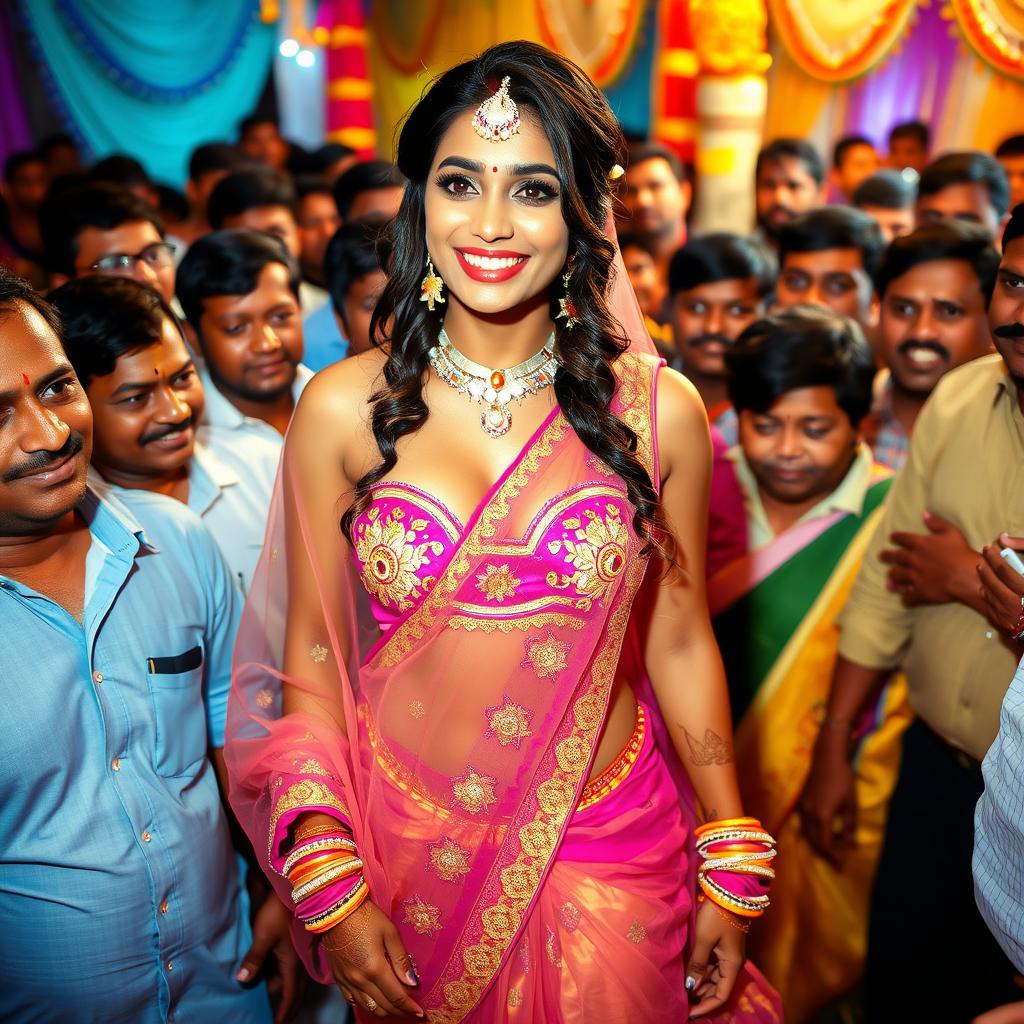 A beautiful Indian bride wearing a stunning transparent saree over a colorful bikini, highlighting her big cleavage