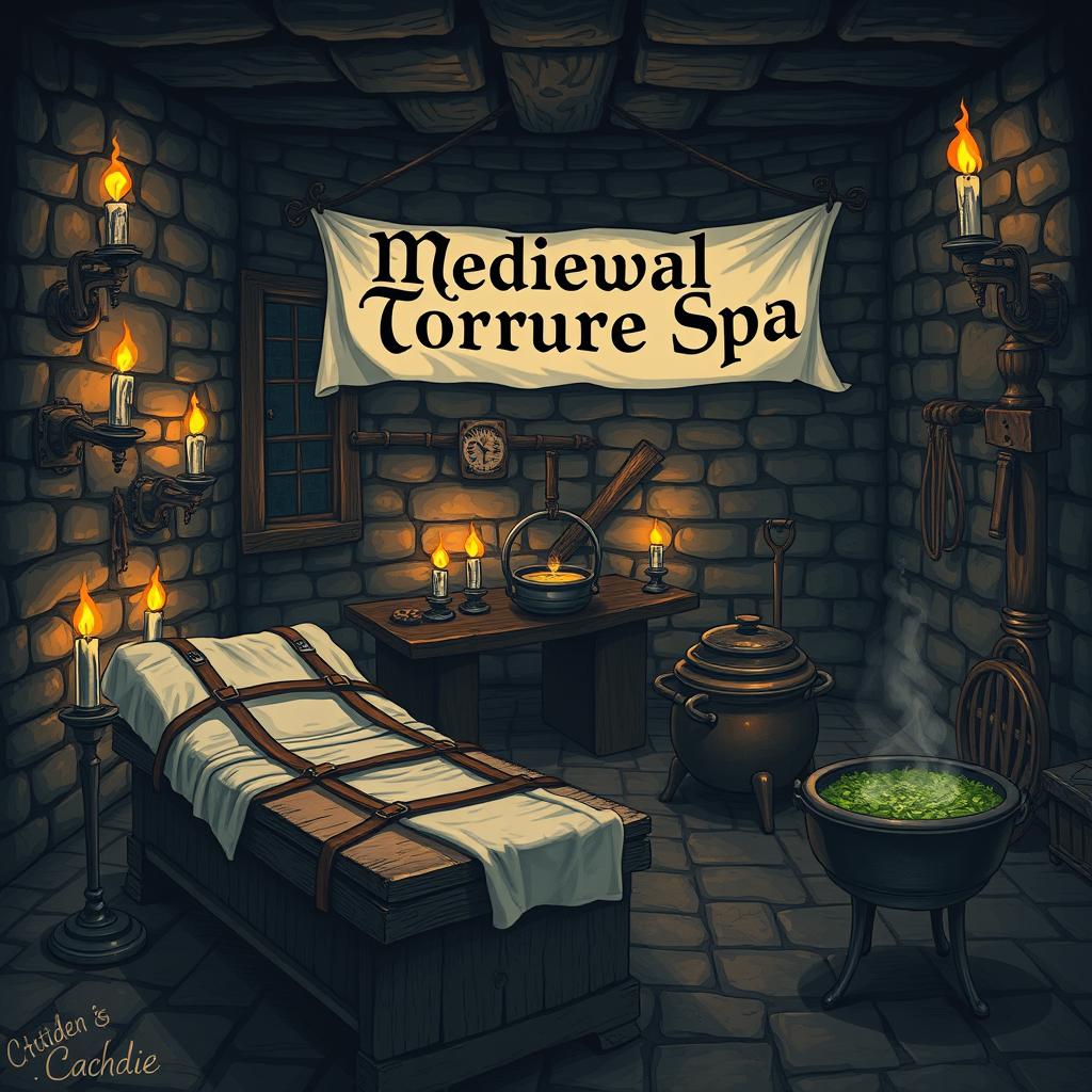 An imaginative and eerie illustration of a medieval torture spa, combining elements of a traditional spa with sinister medieval torture devices