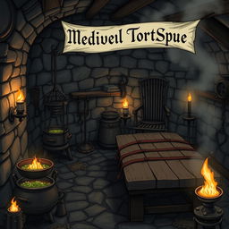 An imaginative and eerie illustration of a medieval torture spa, combining elements of a traditional spa with sinister medieval torture devices