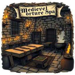 An imaginative and eerie illustration of a medieval torture spa, combining elements of a traditional spa with sinister medieval torture devices