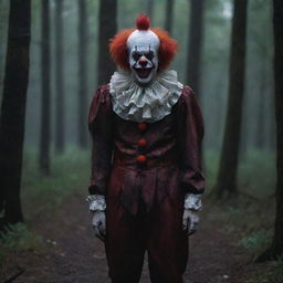 An unsettling clown with dauntingly blood-stained clothes, standing amidst the intense darkness of a dense, mysterious forest.
