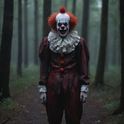 An unsettling clown with dauntingly blood-stained clothes, standing amidst the intense darkness of a dense, mysterious forest.