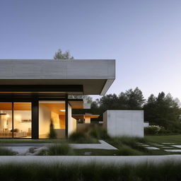 A modern exterior design of a house, showcasing clean lines, geometric shapes, and mix of materials like glass, steel, and concrete, in a serene, landscaped setting