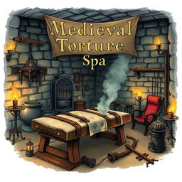 An imaginative and eerie illustration of a medieval torture spa, combining elements of a traditional spa with sinister medieval torture devices