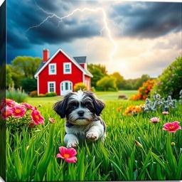 A stunning canvas artwork in a 2:3 size, depicting a vibrant summer garden filled with rich green grass, dramatically illuminated by lightning in the stormy sky