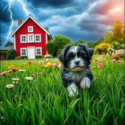 A stunning canvas artwork in a 2:3 size, depicting a vibrant summer garden filled with rich green grass, dramatically illuminated by lightning in the stormy sky