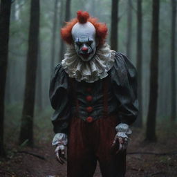 An unsettling clown with dauntingly blood-stained clothes, standing amidst the intense darkness of a dense, mysterious forest.