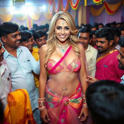 A busty blonde bride wearing a stunning transparent saree over a colorful bikini, showcasing her big cleavage