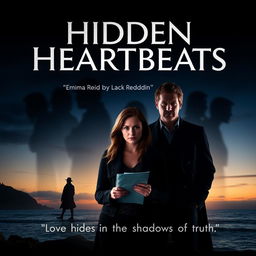 A movie poster for 'Hidden Heartbeats,' featuring the title in bold, suspenseful typography at the top against a beautiful twilight coastal backdrop