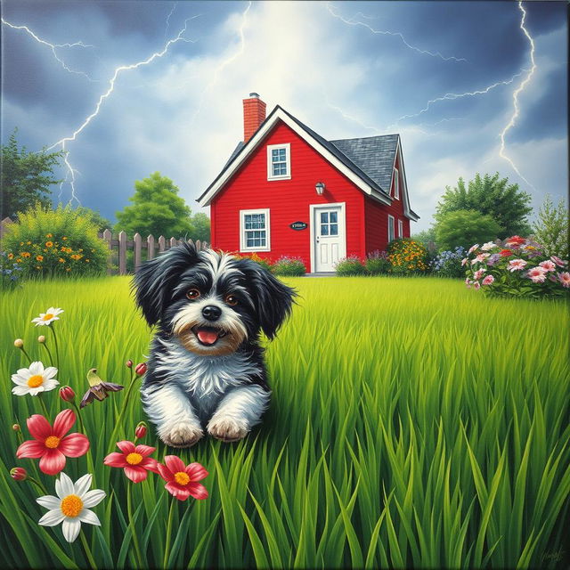 An enchanting canvas artwork in a 3:2 size that captures a lively summer garden filled with vibrant green grass, dramatically illuminated by streaks of lightning in a moody sky