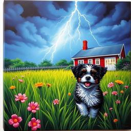 An enchanting canvas artwork in a 3:2 size that captures a lively summer garden filled with vibrant green grass, dramatically illuminated by streaks of lightning in a moody sky