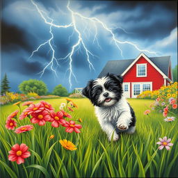 An enchanting canvas artwork in a 3:2 size that captures a lively summer garden filled with vibrant green grass, dramatically illuminated by streaks of lightning in a moody sky