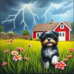 An enchanting canvas artwork in a 3:2 size that captures a lively summer garden filled with vibrant green grass, dramatically illuminated by streaks of lightning in a moody sky