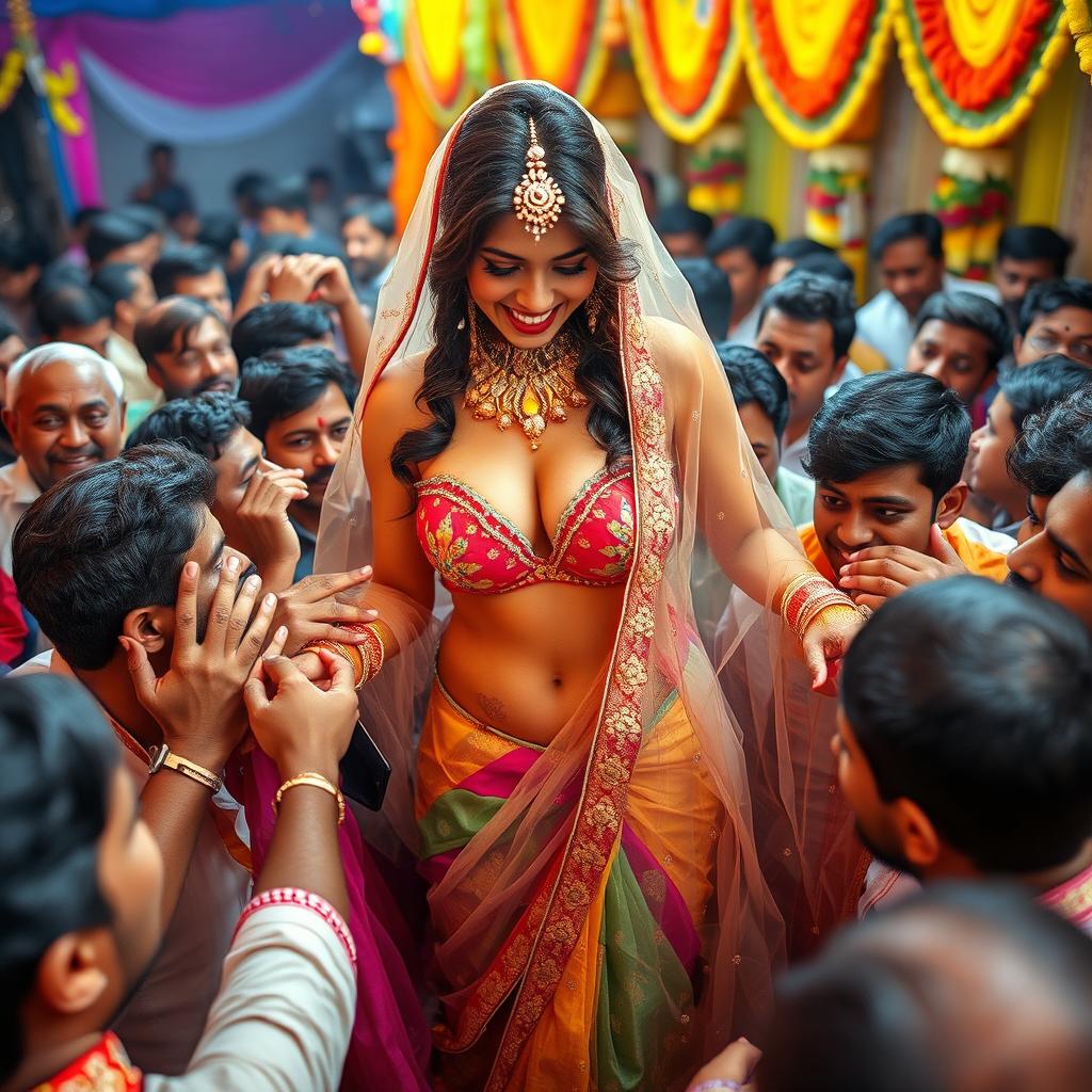 A busty Arab bride wearing a stunning transparent saree draped over a colorful bikini, accentuating her big cleavage