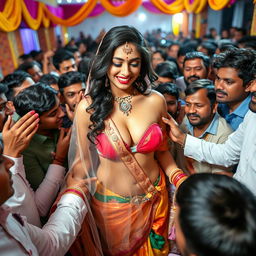 A busty Arab bride wearing a stunning transparent saree draped over a colorful bikini, accentuating her big cleavage