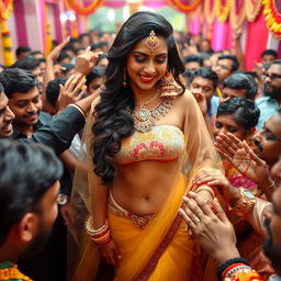 A busty Arab bride wearing a stunning transparent saree draped over a colorful bikini, accentuating her big cleavage