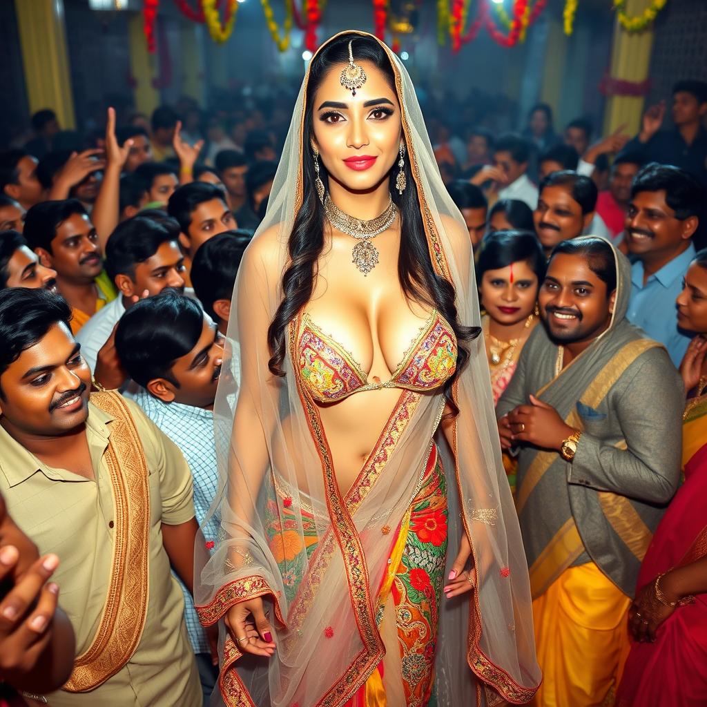 A stunning Arab bride wearing a transparent saree draped over a colorful bikini, showcasing her big breasts and deep cleavage