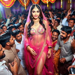 A stunning Arab bride wearing a transparent saree draped over a colorful bikini, showcasing her big breasts and deep cleavage