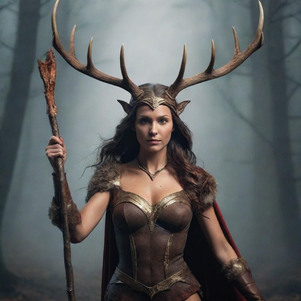 Create an immersive fantasy image of a dynamic female superhero with deer and moose antlers on her head. She possesses a long stick weapon and is casting a spell. Give her a heroic stance that emanates magical power and authority