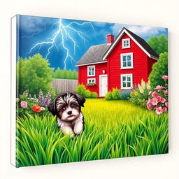 A charming summer garden scene illustrated on a canvas formatted like a book