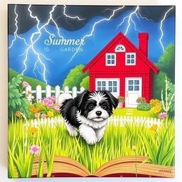 A charming summer garden scene illustrated on a canvas formatted like a book