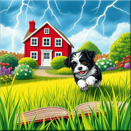 A charming summer garden scene illustrated on a canvas formatted like a book