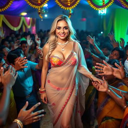 A busty blonde bride wearing a transparent saree over a strapless, colorful bikini, accentuating her big breasts and showcasing her cleavage, while her sexy legs are on display