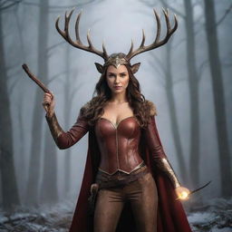 Create an immersive fantasy image of a dynamic female superhero with deer and moose antlers on her head. She possesses a long stick weapon and is casting a spell. Give her a heroic stance that emanates magical power and authority