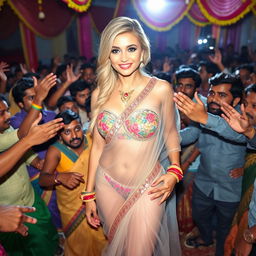 A busty blonde bride wearing a transparent saree over a strapless, colorful bikini, accentuating her big breasts and showcasing her cleavage, while her sexy legs are on display