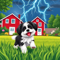 A vertical illustration of a summer garden scene, featuring a playful Havanese puppy with white and black fur joyously playing on lush green grass