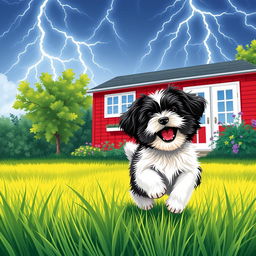 A vertical illustration of a summer garden scene, featuring a playful Havanese puppy with white and black fur joyously playing on lush green grass