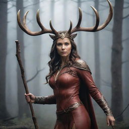 Create an immersive fantasy image of a dynamic female superhero with deer and moose antlers on her head. She possesses a long stick weapon and is casting a spell. Give her a heroic stance that emanates magical power and authority