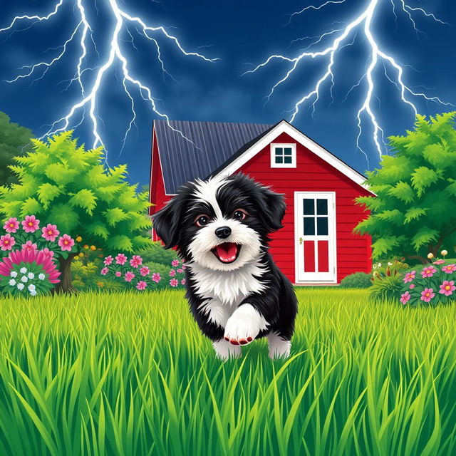 A vertical illustration of a summer garden scene, featuring a playful Havanese puppy with white and black fur joyously playing on lush green grass