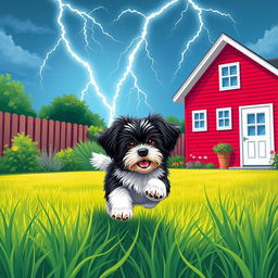 A vertical illustration of a summer garden scene, featuring a playful Havanese puppy with white and black fur joyously playing on lush green grass