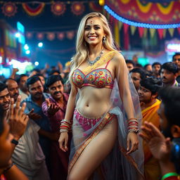 A busty blonde bride in a stunning transparent saree layered over a colorful bikini, accentuating her big breast cleavage and sexy legs