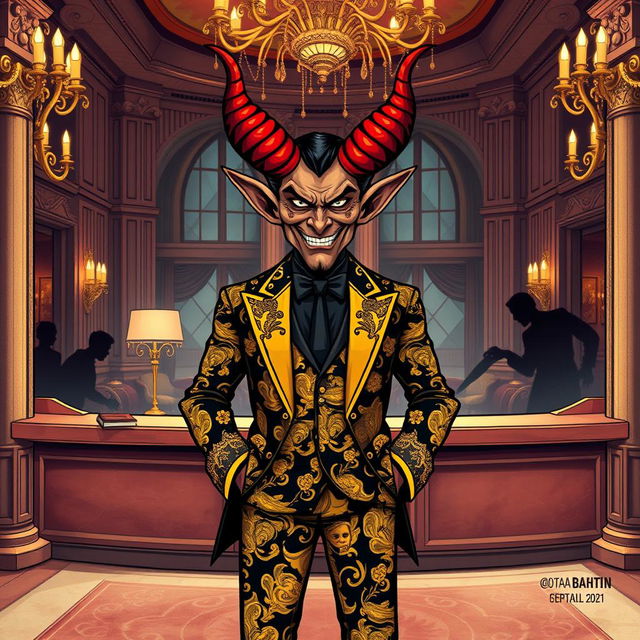 A whimsical yet darkly elegant illustration of Satan as a luxurious hotel manager, exuding charm and power