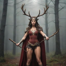 Create an immersive fantasy image of a dynamic female superhero with deer and moose antlers on her head. She possesses a long stick weapon and is casting a spell. Give her a heroic stance that emanates magical power and authority