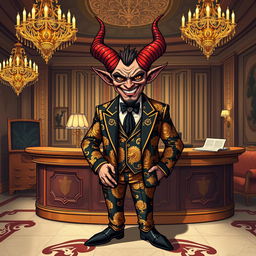 A whimsical yet darkly elegant illustration of Satan as a luxurious hotel manager, exuding charm and power