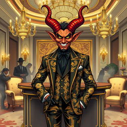 A whimsical yet darkly elegant illustration of Satan as a luxurious hotel manager, exuding charm and power